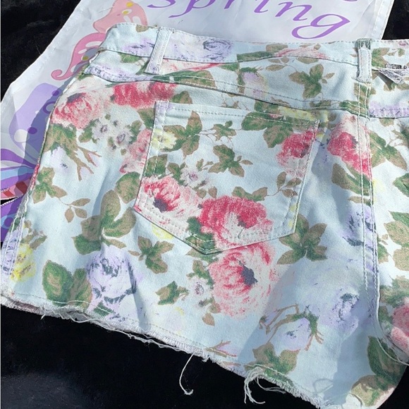 Flip Side 2 Sided Blue Jean Short Shorts Floral Gray Denim Frayed Hem Juniors 17 - Picture 10 of 16